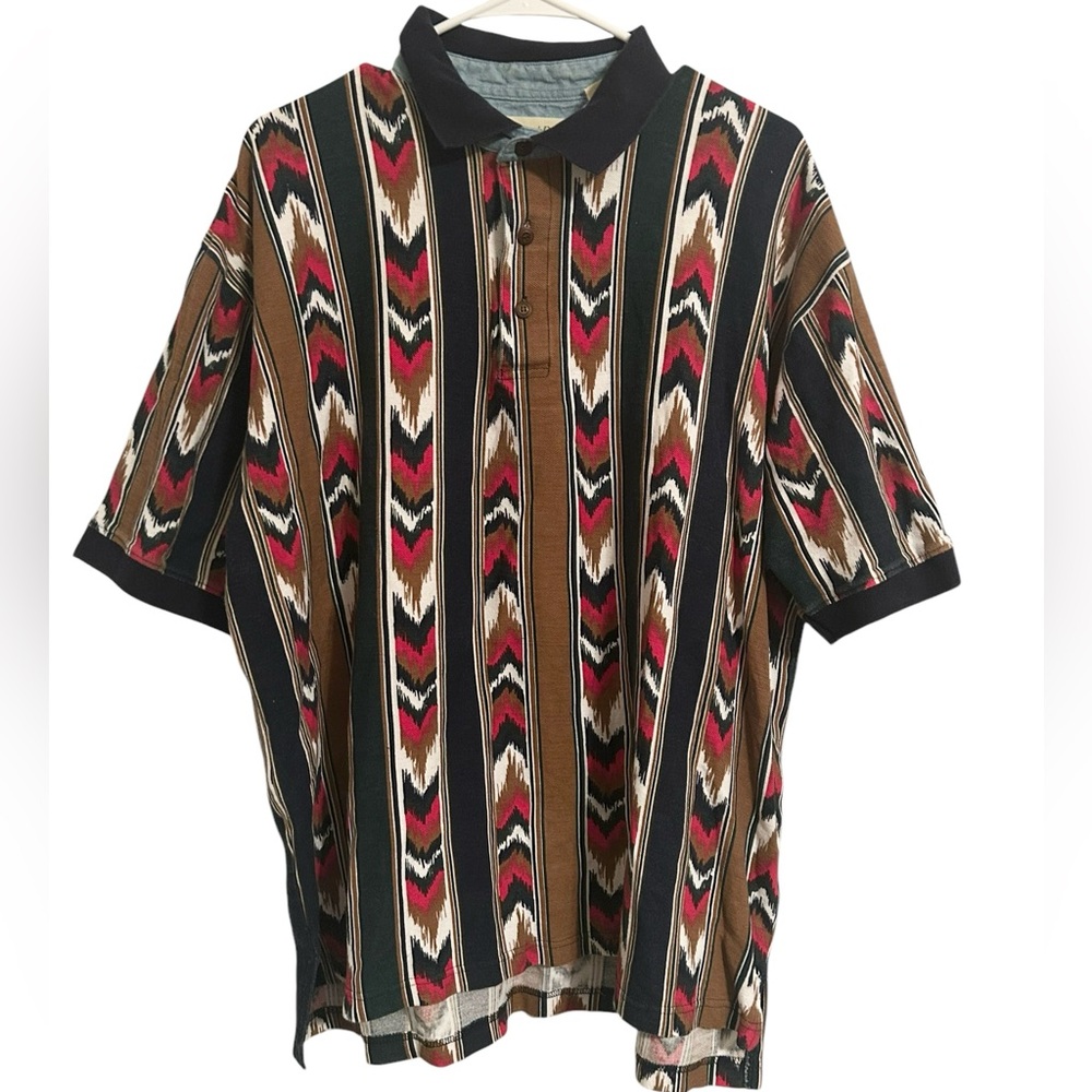 St. John’s Bay Men’s XL Vintage Polo Shirt Brown Red Black Geometric Aztec Print